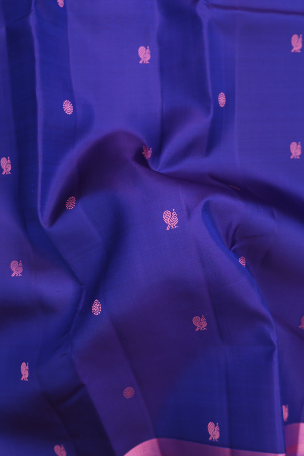 Kanchipuram Silk Saree In Royal Blue With Peacock Buttas