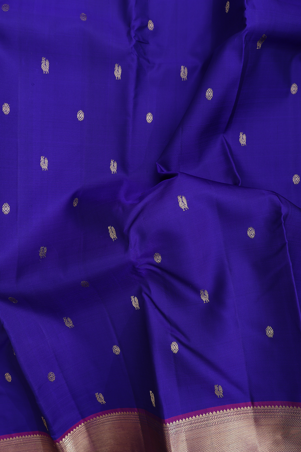 Kanchipuram Silk Saree In Royal Blue With Peacock Buttas