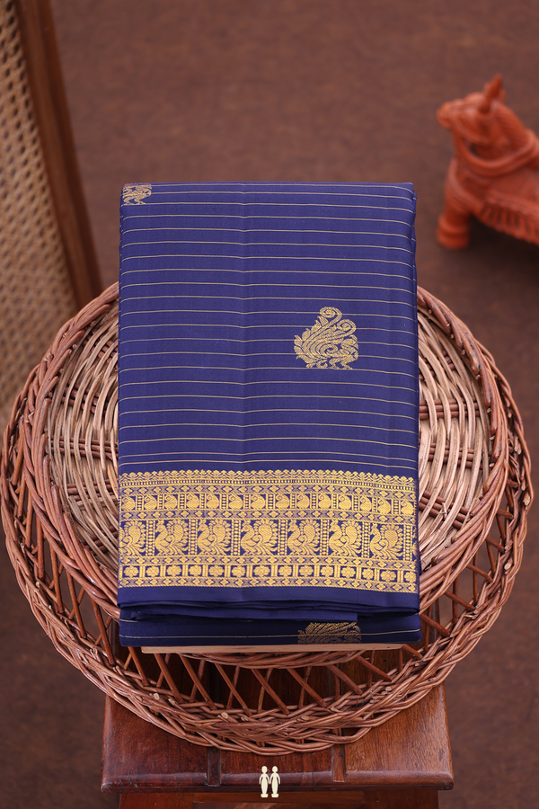 Kanchipuram Silk Saree In Royal Blue With Stripes Design