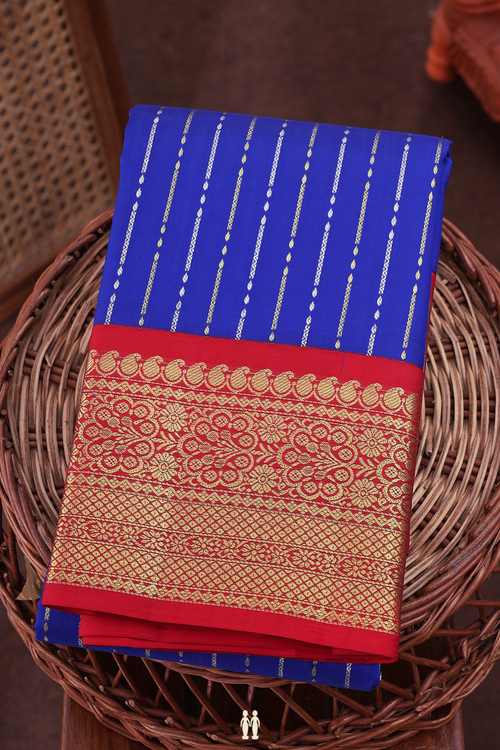 Kanchipuram Silk Saree In Royal Blue With Stripes Design