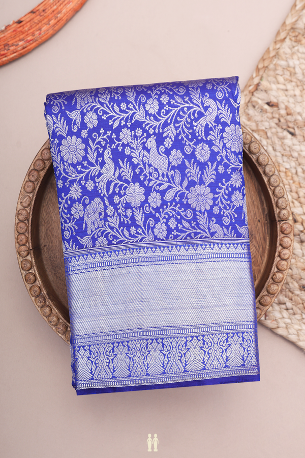 Kanchipuram Silk Saree In Royal Blue With Vanasingaram Design