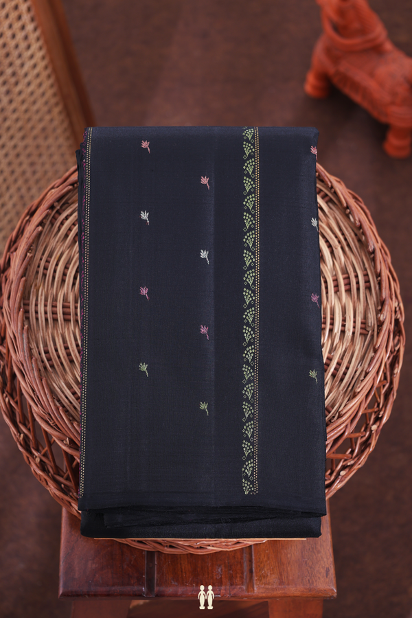 Kanchipuram Silk Saree In Black Along Stripes With Buttas