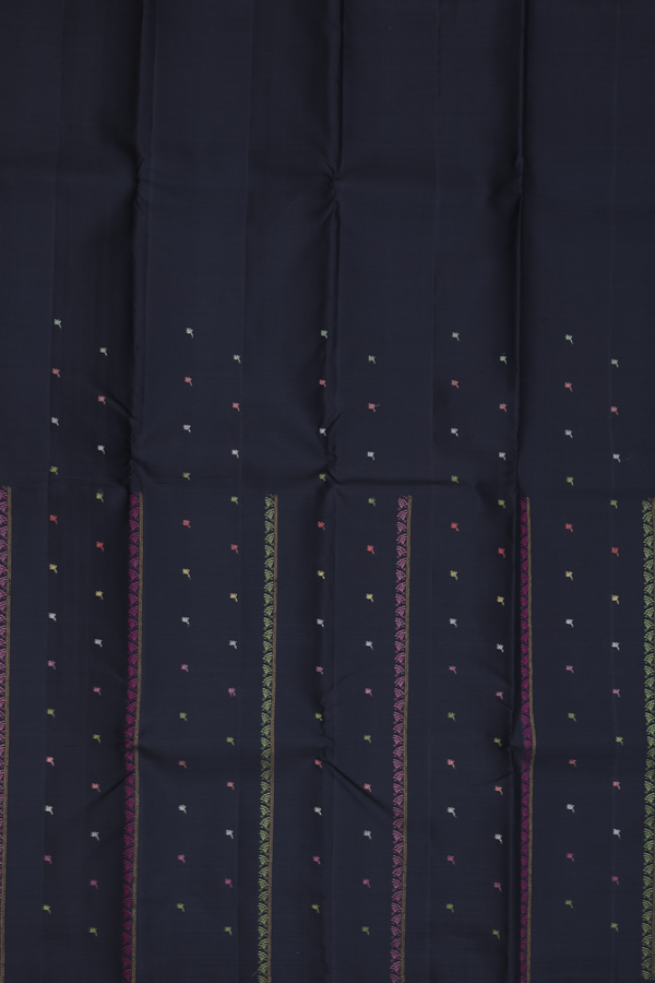 Kanchipuram Silk Saree In Black Along Stripes With Buttas