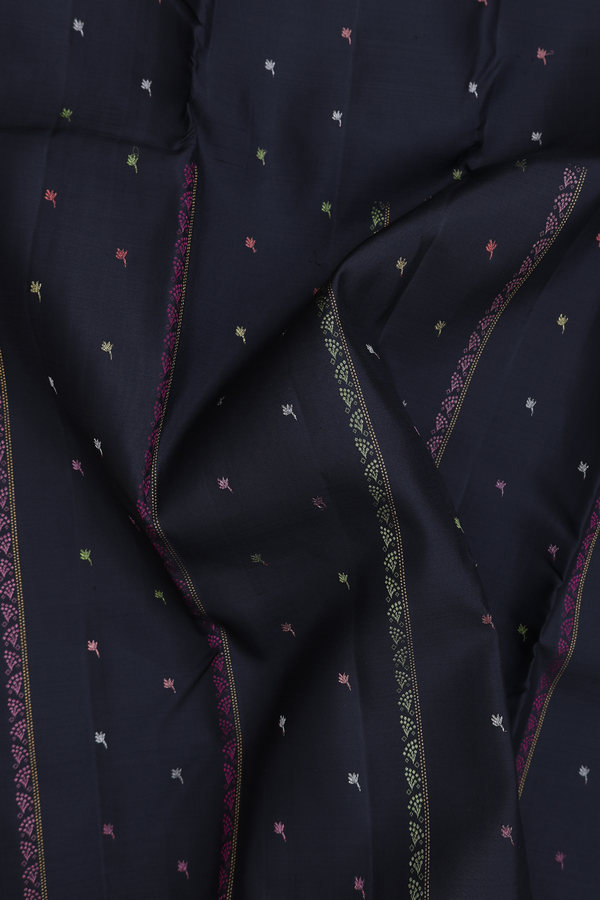 Kanchipuram Silk Saree In Black Along Stripes With Buttas