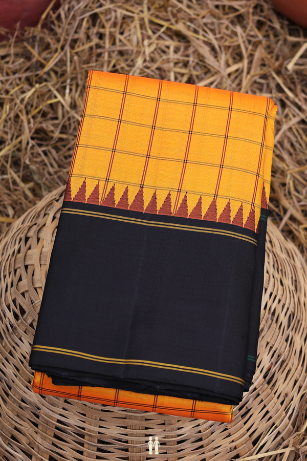 Kanchipuram Silk Saree In Royal Orange With Checks Design