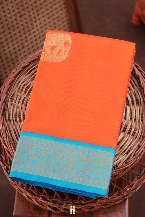 Kanchipuram Silk Saree In Royal Orange With Elephant Motifs