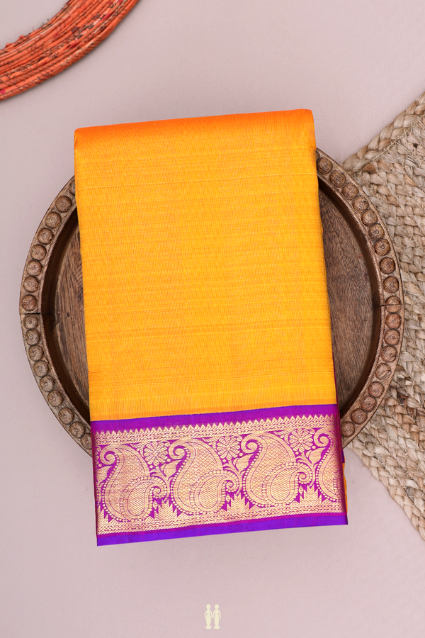 Kanchipuram Silk Saree In Royal Orange With Paisley Border