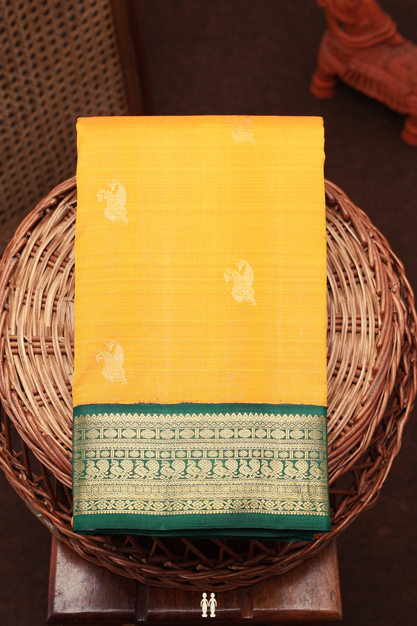 Kanchipuram Silk Saree In Royal Orange With Paisley Buttas