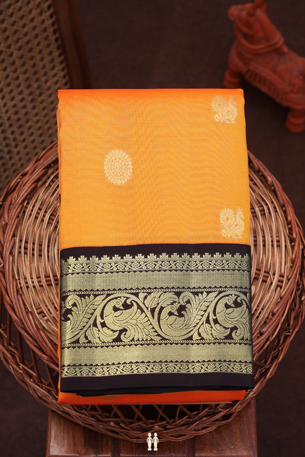 Kanchipuram Silk Saree In Royal Orange With Peacock Buttas
