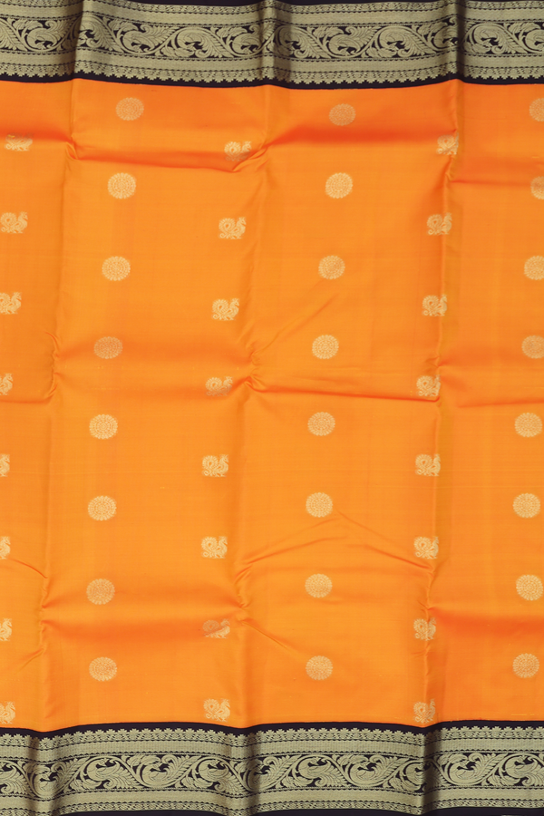 Kanchipuram Silk Saree In Royal Orange With Peacock Buttas