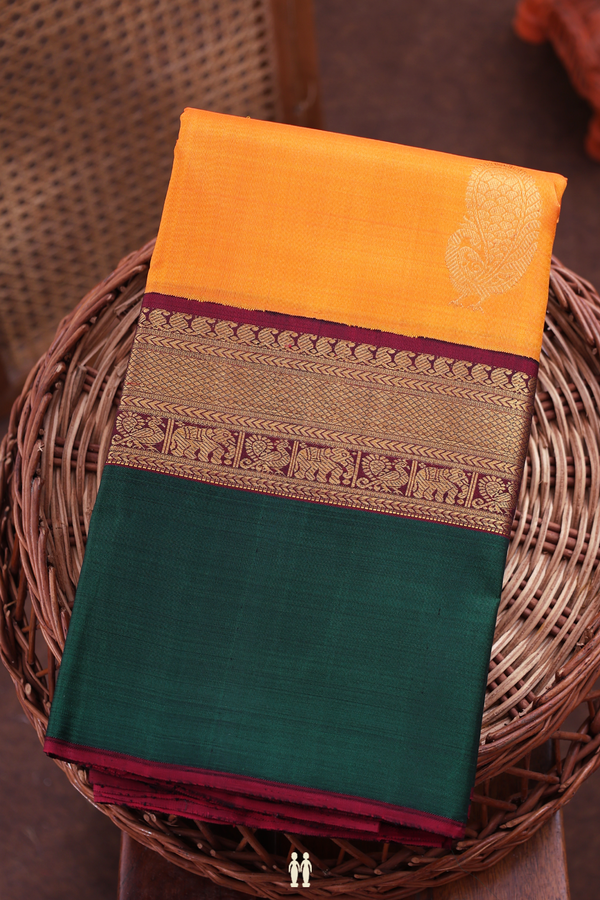 Kanchipuram Silk Saree In Royal Orange With Peacock Motifs