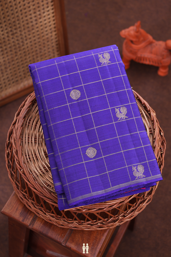Kanchipuram Silk Saree In Royal Purple With Checks Design