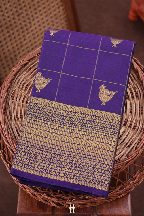 Kanchipuram Silk Saree In Royal Purple With Checks Design