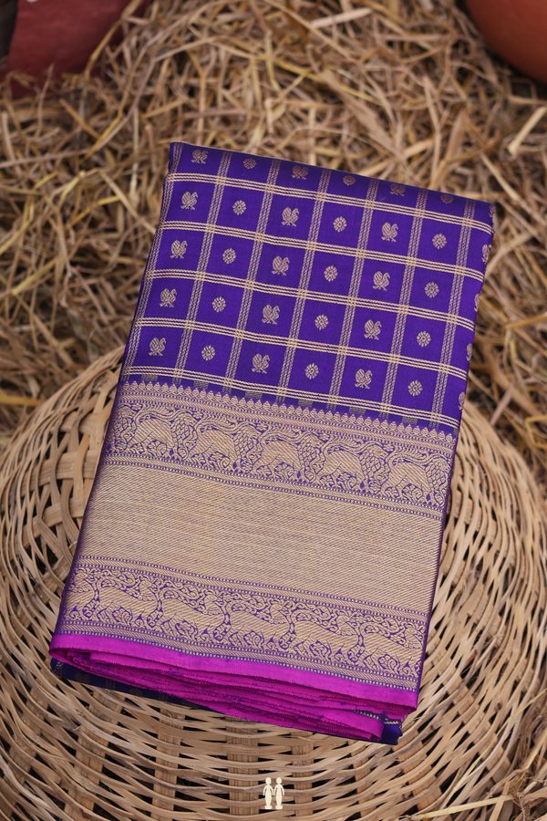 Kanchipuram Silk Saree In Royal Purple With Checks Design