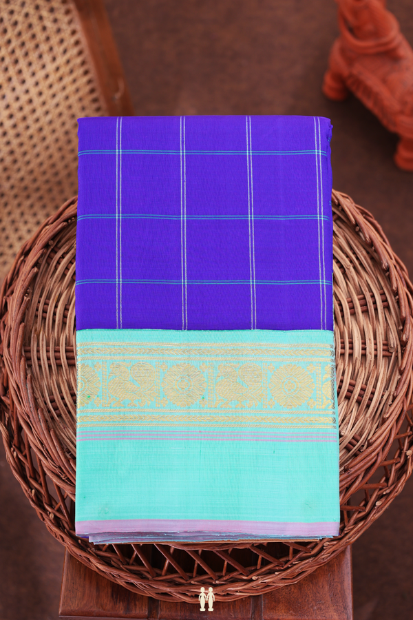 Kanchipuram Silk Saree In Indigo Blue With Checks Design