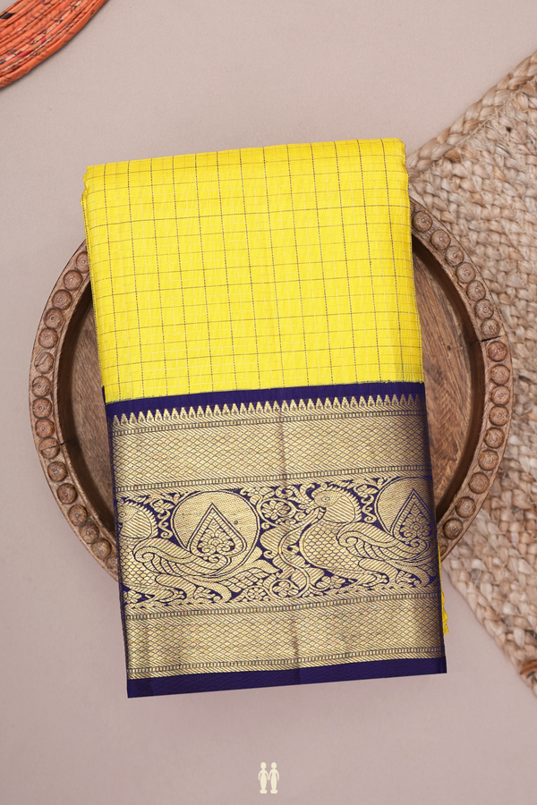Kanchipuram Silk Saree In Royal Yellow With Checks Design