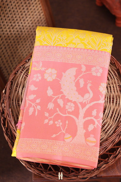 Kanchipuram Silk Saree In Royal Yellow With Floral Design