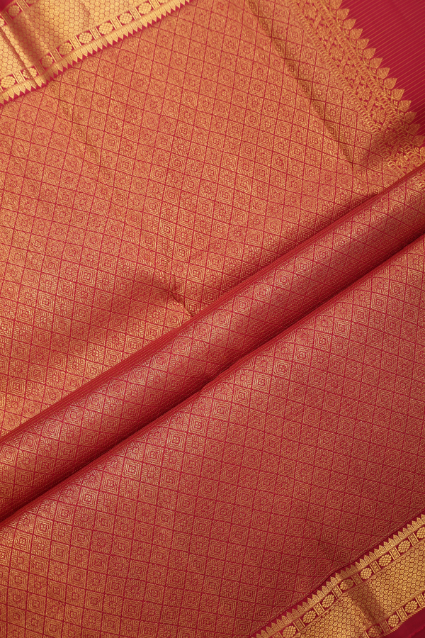 Kanchipuram Silk Saree In Ruby Red Stripes With Buttas