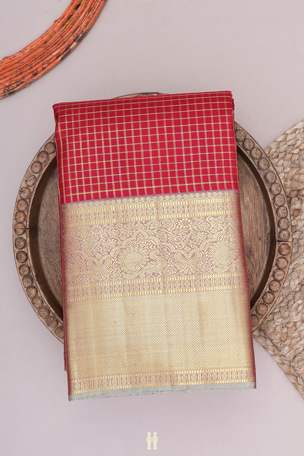 Kanchipuram Silk Saree In Ruby Red With Checks Design