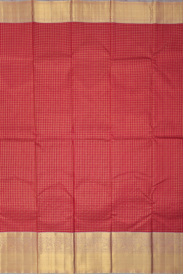 Kanchipuram Silk Saree In Ruby Red With Checks Design