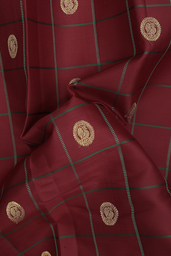 Kanchipuram Silk Saree In Ruby Red With Checks Design