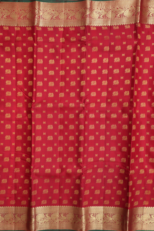 Kanchipuram Silk Saree In Ruby Red With Peacock Buttas