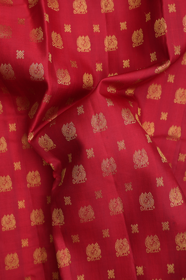 Kanchipuram Silk Saree In Ruby Red With Peacock Buttas