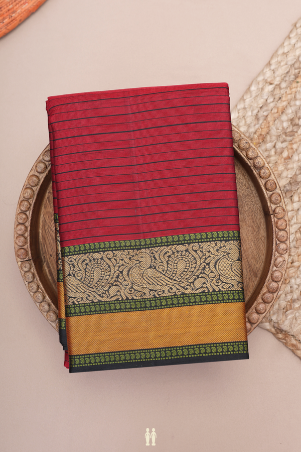 Kanchipuram Silk Saree In Ruby Red With Stripes Design