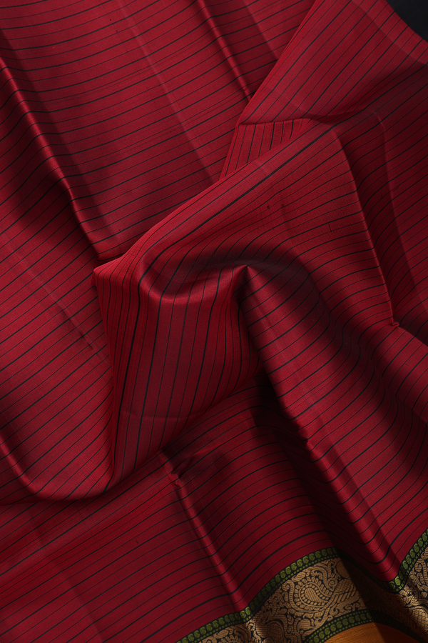 Kanchipuram Silk Saree In Ruby Red With Stripes Design