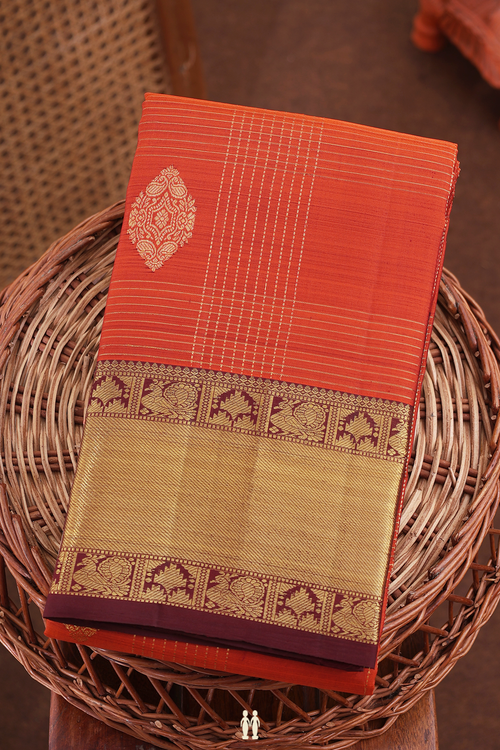 Kanchipuram Silk Saree In Rust Orange With Checks Design
