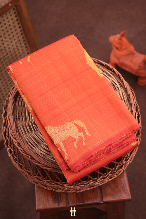 Kanchipuram Silk Saree In Rust Orange With Horse Design