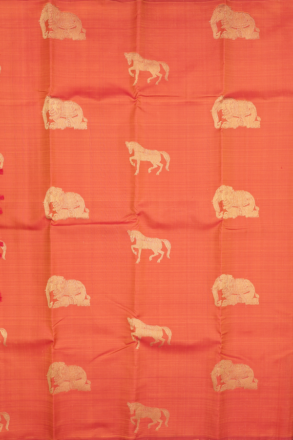Kanchipuram Silk Saree In Rust Orange With Horse Design