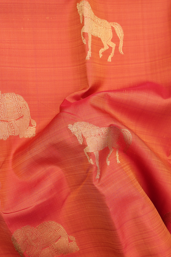 Kanchipuram Silk Saree In Rust Orange With Horse Design