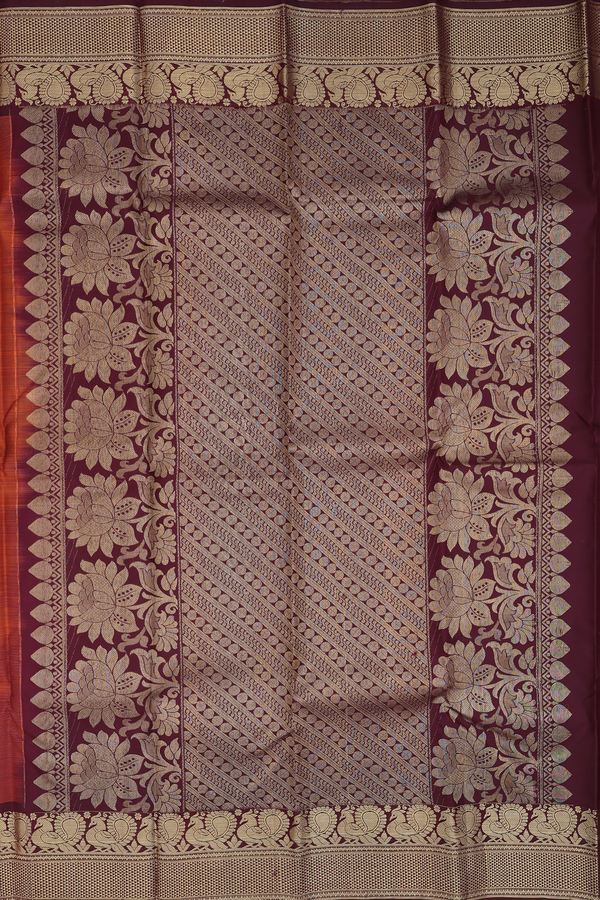 Kanchipuram Silk Saree In Rust Orange With Peacock Buttas