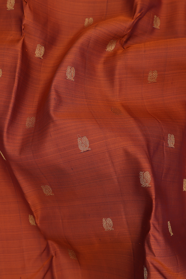 Kanchipuram Silk Saree In Rust Orange With Peacock Buttas