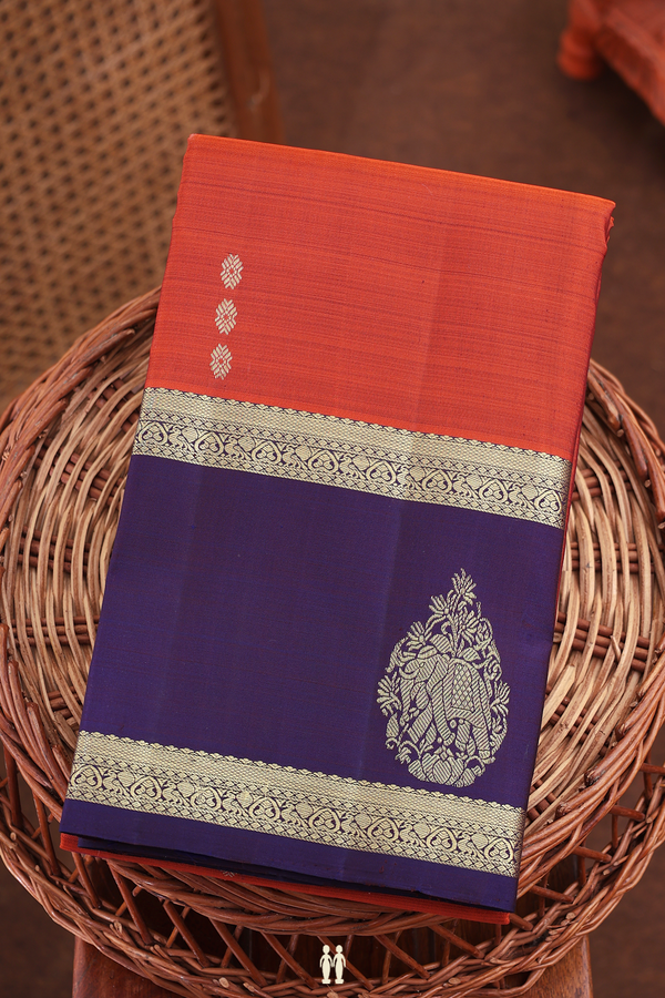 Kanchipuram Silk Saree In Rust Orange With Zari Buttas