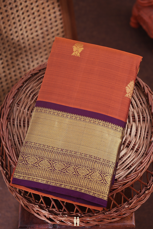 Kanchipuram Silk Saree In Rust Orange With Zari Buttas