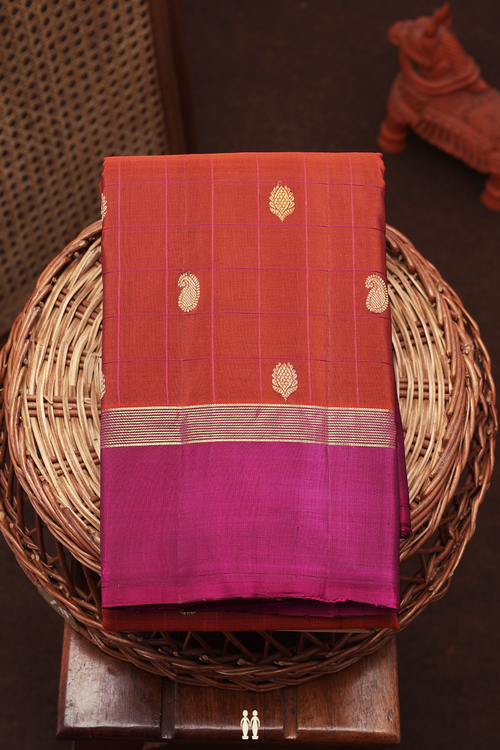 Kanchipuram Silk Saree In Rust Red Along Checks With Buttas