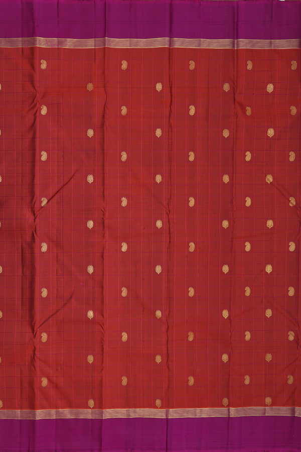 Kanchipuram Silk Saree In Rust Red Along Checks With Buttas