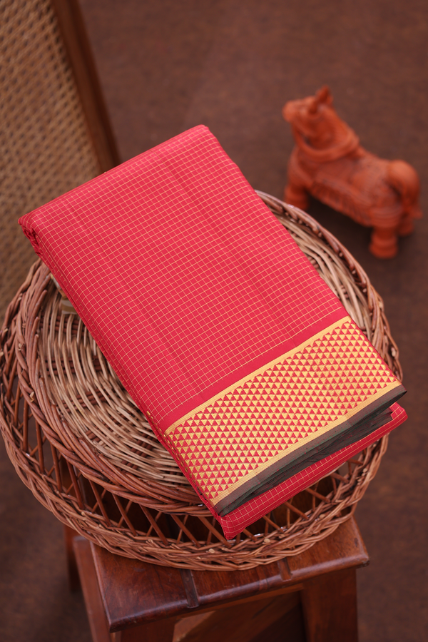 Kanchipuram Silk Saree In Rust Red With Checks Design