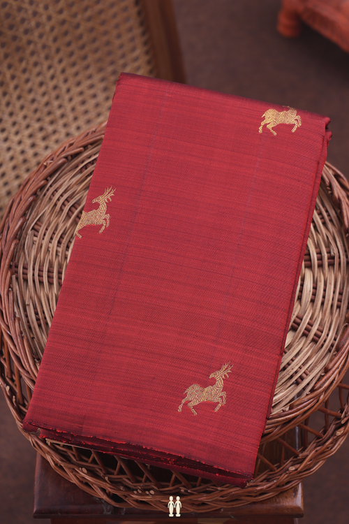Kanchipuram Silk Saree In Rust Red With Deer Buttas