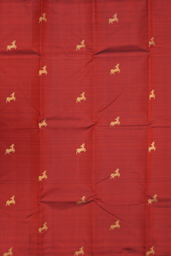 Kanchipuram Silk Saree In Rust Red With Deer Buttas