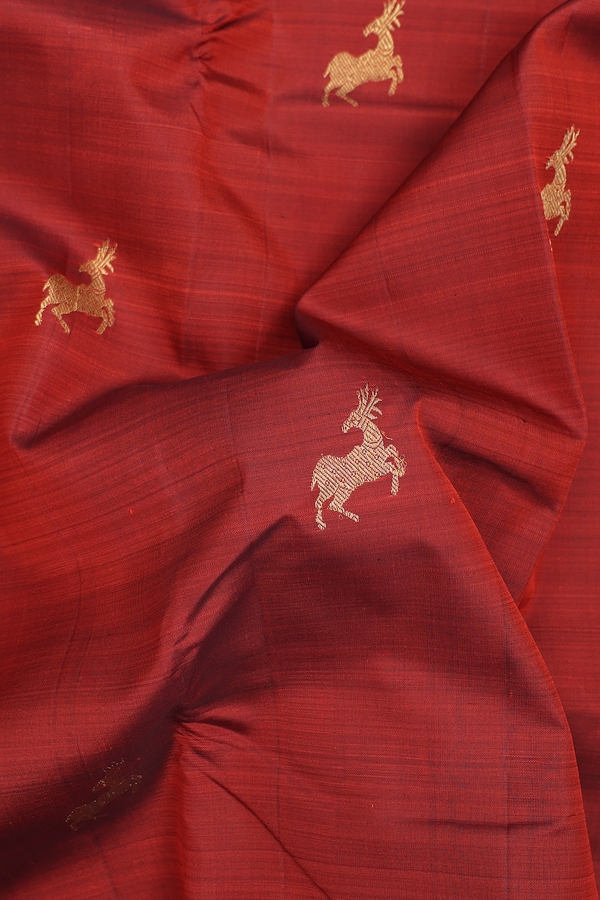 Kanchipuram Silk Saree In Rust Red With Deer Buttas