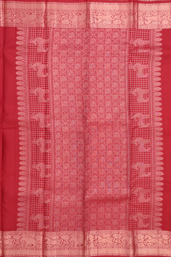 Kanchipuram Silk Saree In Rust Red With Floral Motifs