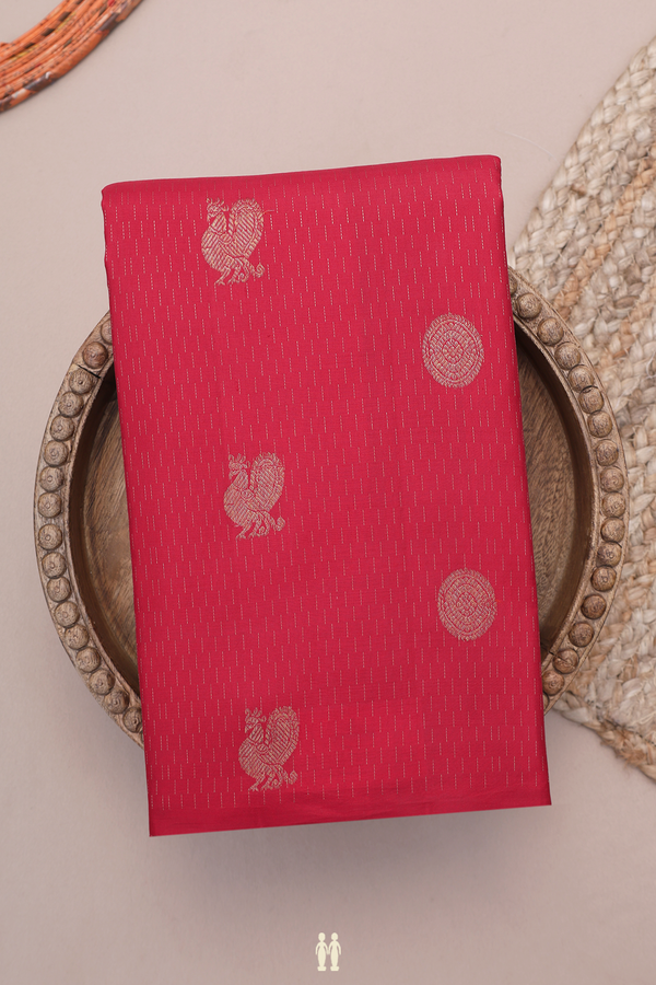 Kanchipuram Silk Saree In Rust Red With Peacock Chakram Buttas