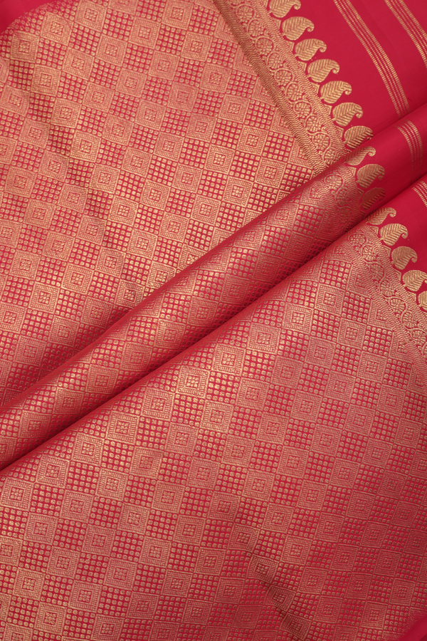 Kanchipuram Silk Saree In Rust Red With Peacock Chakram Buttas