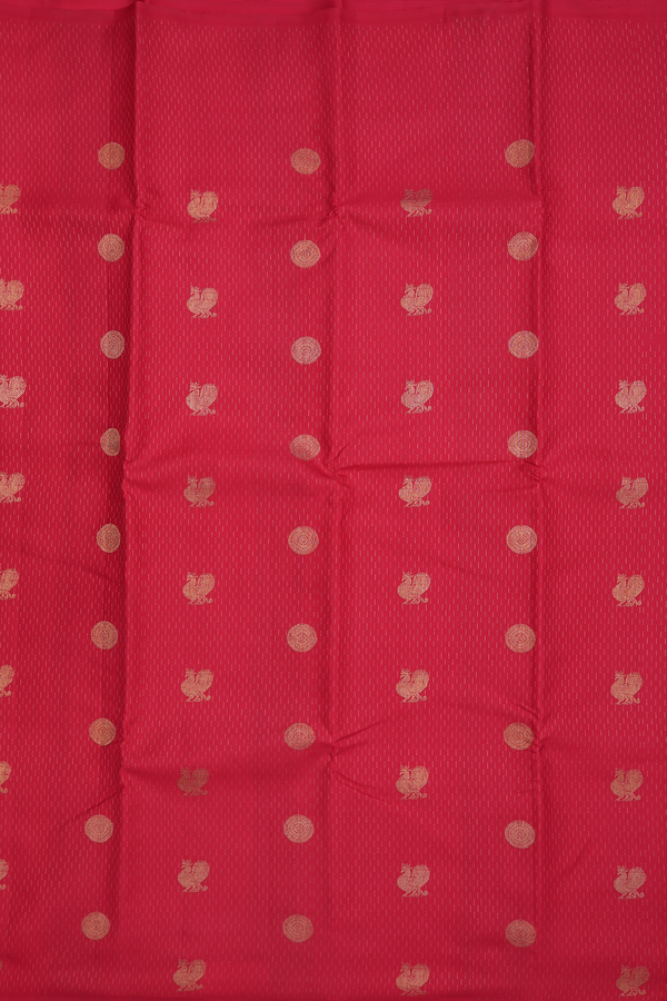 Kanchipuram Silk Saree In Rust Red With Peacock Chakram Buttas