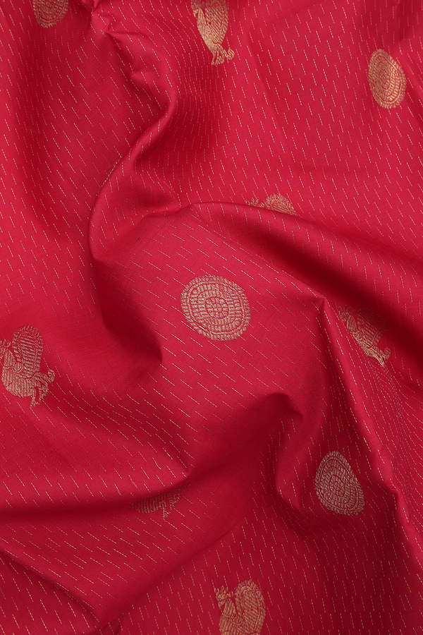 Kanchipuram Silk Saree In Rust Red With Peacock Chakram Buttas