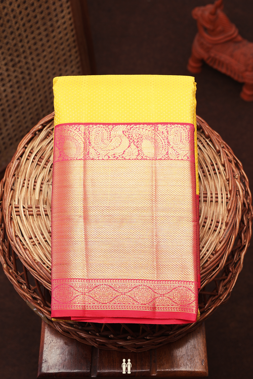 Kanchipuram Silk Saree In Saffron Yellow With Brocade Design
