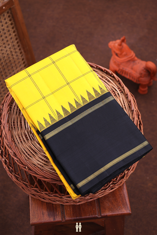 Kanchipuram Silk Saree In Saffron Yellow With Checks Design